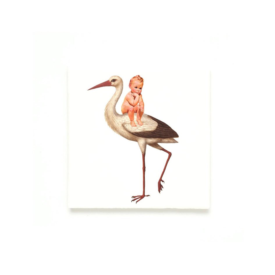 Keramiek Wandtegel Collage Baby Met Ooievaar - Lylies - SuperMatique