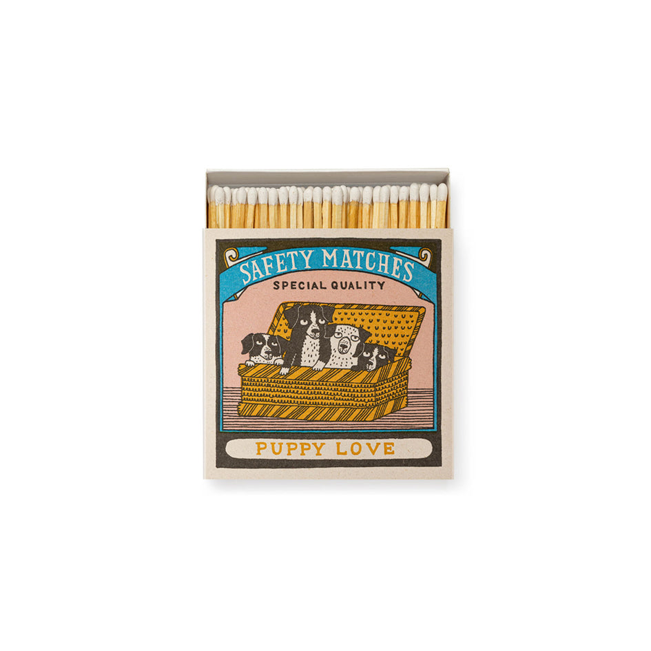 Afbeelding van luciferdoosje met tekening van vier puppies Archivist Gallery - SuperMatique