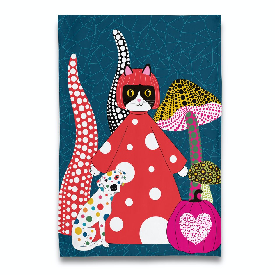 'Yayoi Kusama' Kusameow met Polka Dot Dog theedoek - SuperMatique